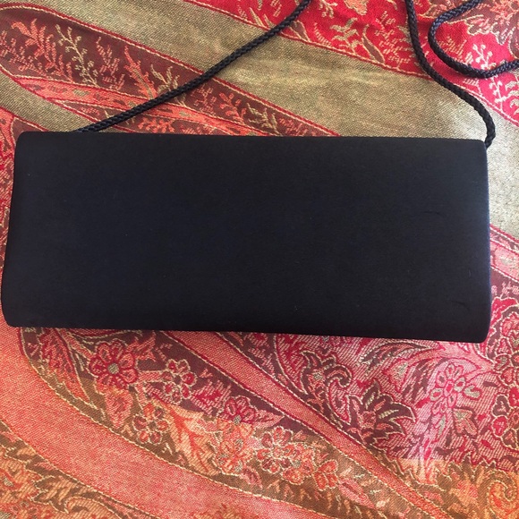 Vintage Black Satin Clutch or Shoulder Bag Rhinestone Bow on Front Evening Bag - Picture 3 of 7